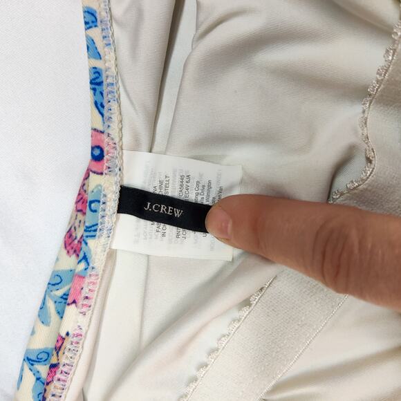 J. Crew Ruffle V Neck One Piece Swimsuit Floral Vine Block Print Sz 12 Pink Blue - Picture 10 of 14